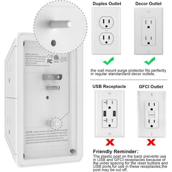 Multi Plug Outlet Surge Protector - YISHU 3 Sided Power Strip with 6 AC Outlet - Picture 5 of 8